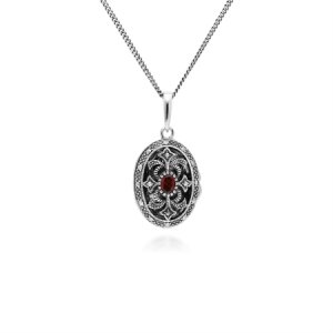 Art Nouveau Style Oval Garnet & Marcasite Locket Necklace in 925 Sterling Silver