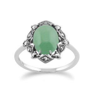 Gemondo - Art nouveau style oval green jade cabochon & marcasite statement ring
