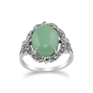 Gemondo - Art nouveau style oval green jade cabochon & marcasite statement ring in 925 sterling silver