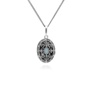 Gemondo - Art nouveau style oval opal & marcasite locket necklace in 925 sterling silver