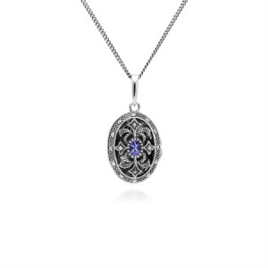 Art Nouveau Style Oval Tanzanite & Marcasite Locket Necklace in 925 Sterling Silver