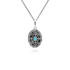 Gemondo - Art nouveau style oval turquoise & marcasite locket necklace in 925 sterling silver