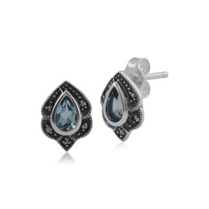 Gemondo - Art nouveau style pear blue topaz & marcasite leaf stud earrings in 925 sterling silver