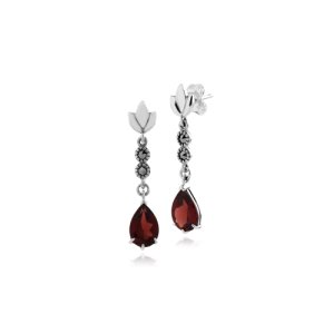 Art Nouveau Style Pear Garnet & Marcasite Drop Earrings in 925 Sterling Silver