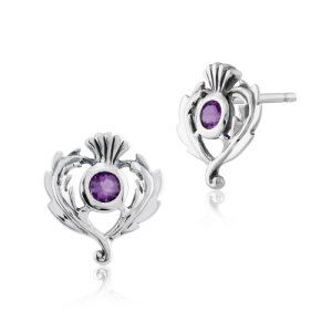 Art Nouveau Style Round Amethyst Thistle Stud Earrings in 925 Sterling Silver