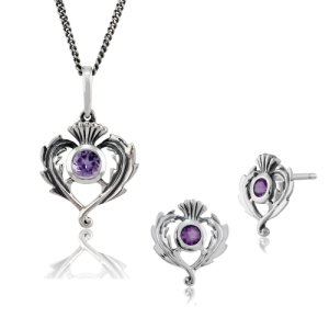 Art Nouveau Style Round Amethyst Thistle Stud Earrings Pendant Set in 925 Sterling Silver