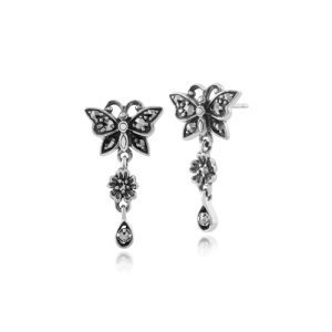 Art Nouveau Style Round Marcasite Butterfly Drop Earrings in 925 Sterling Silver