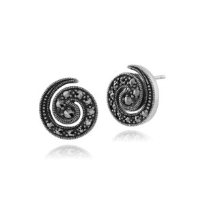 Art Nouveau Style Round Marcasite Spiral Stud Earrings in 925 Sterling Silver