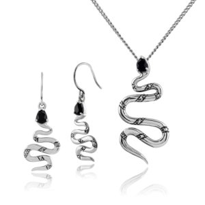 Art Nouveau Style Style Pear Black Spinel & Marcasite Snake Drop Earrings & Necklace Set in 925 Sterling Silver