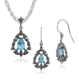 Art Nouveau Style Style Pear Blue Topaz & Marcasite Garland Drop Earrings & Pendant Set in 925 Sterling Silver