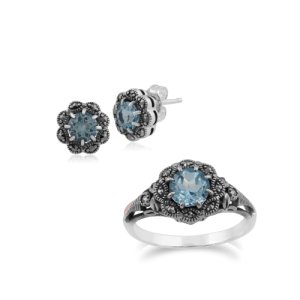 Art Nouveau Style Style Round Blue Topaz & Marcasite Floral Stud Earrings & Ring Set in 925 Sterling Silver