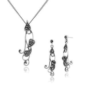 Art Nouveau Style Style Round Marcasite Twisted Leaf Drop Earrings & Pendant Set in 925 Sterling Silver