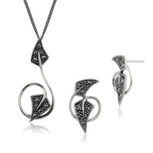 Art Nouveau Style Style Round Marcasite Twisted Leaf Stud Earrings & Pendant Set in 925 Sterling Silver