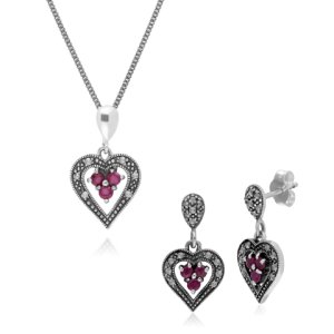 Art Nouveau Style Style Round Ruby & Marcasite Heart Earrings & Pendant Set in 925 Sterling Silver