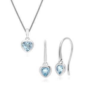Classic Heart Blue Topaz Drop Earrings & Pendant Set in 925 Sterling Silver