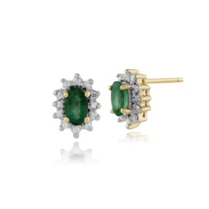 Classic Oval Emerald & Diamond Cluster Stud Earrings in 9ct Yellow Gold