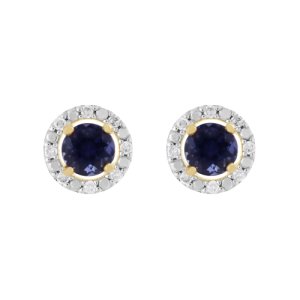 Classic Round Iolite Stud Earrings with Detachable Diamond Round Earrings Jacket Set in 9ct Yellow Gold