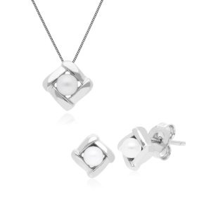 Essential Round Pearl Square Crossover Stud Earrings & Pendant Set in 925 Sterling Silver