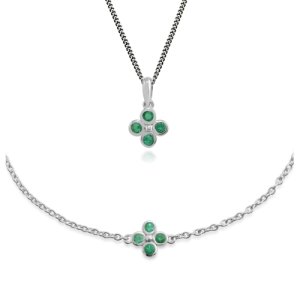 Floral Round Emerald Clover Bracelet & Pendant Set in 925 Sterling Silver