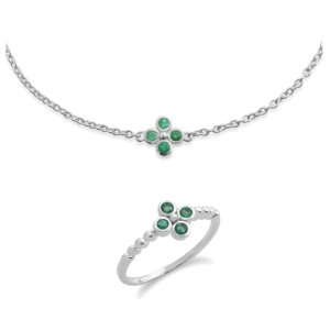 Floral Round Emerald Clover Bracelet & Ring Set in 925 Sterling Silver
