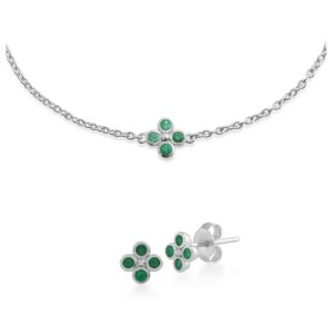 Floral Round Emerald Clover Stud Earrings & Bracelet Set in 925 Sterling Silver