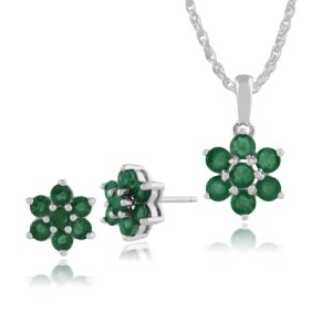 Floral Round Emerald Flower Cluster Stud Earrings & Pendant Set in 925 Sterling Silver