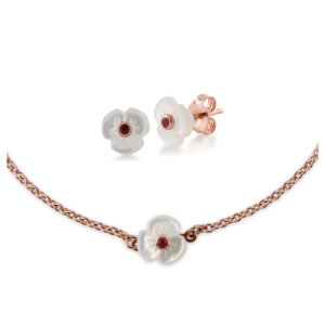 Floral Round Ruby & Mother of Pearl Daisy Stud Earrings & Bracelet Set in Rose Gold Plated 925 Sterling Silver