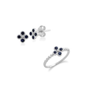 Gemondo - Floral round sapphire clover stud earrings & ring set in 925 sterling silver