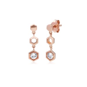 Gemondo - Honeycomb inspired clear sapphire drop earrings in 9ct rose gold