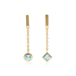 Micro Statement Mismatched Blue Topaz Dangle Earrings in 9ct Yellow Gold