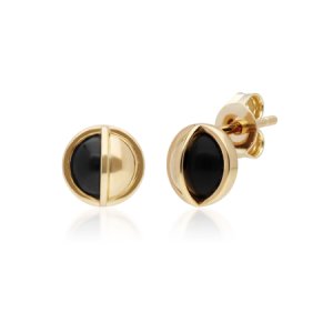 Micro Statement Round Onyx Stud Earrings in Gold Plated Sterling Silver