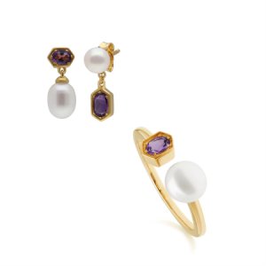 Gemondo - Modern pearl & amethyst earring & ring set in gold plated sterling silver