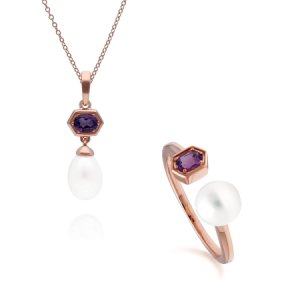Gemondo - Modern pearl & amethyst pendant & ring set in rose gold plated sterling silver