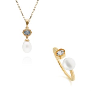 Gemondo - Modern pearl & aquamarine pendant & ring set in gold plated sterling silver