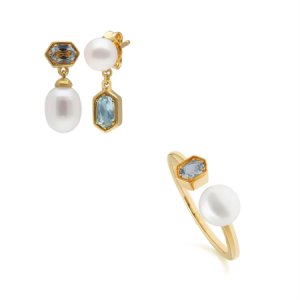 Modern Pearl & Blue Topaz Earring & Ring Set in Gold Plated Sterling Silver