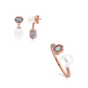 Modern Pearl & Blue Topaz Earring & Ring Set in Rose Gold Plated Sterling Silver