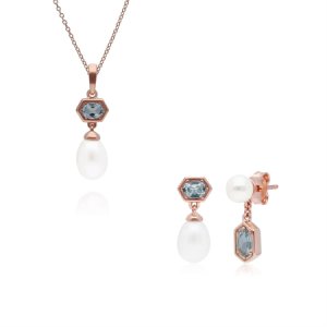 Gemondo - Modern pearl & blue topaz pendant & earring set in rose gold plated sterling silver