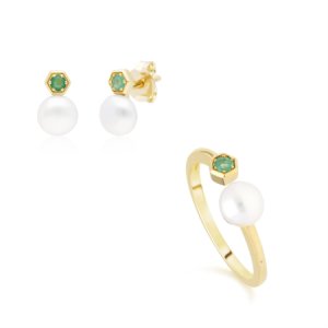 Gemondo - Modern pearl & emerald earring & ring set in 9ct yellow gold