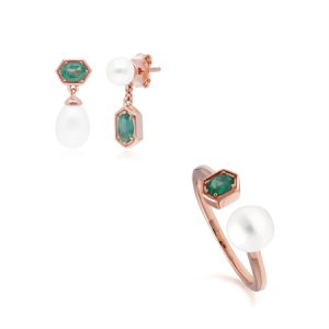 Gemondo - Modern pearl & emerald earring & ring set in rose gold plated sterling silver