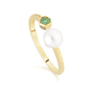 Gemondo - Modern pearl & emerald open ring in 9ct yellow gold