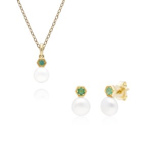 Gemondo - Modern pearl & emerald pendant & earring set in 9ct yellow gold