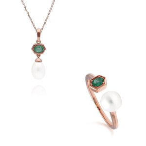 Gemondo - Modern pearl & emerald pendant & ring set in rose gold plated sterling silver