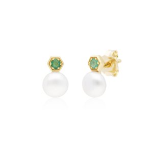 Gemondo - Modern pearl & emerald stud earrings in 9ct yellow gold