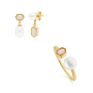 Modern Pearl & Opal Earring & Ring Set in Gold Plated Sterling Silver