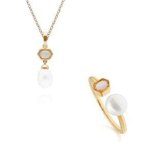 Modern Pearl & Opal Pendant & Ring Set in Gold Plated Sterling Silver