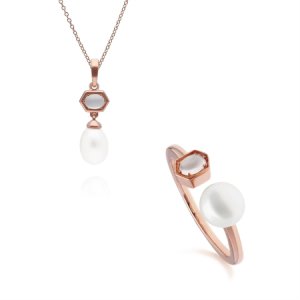 Gemondo - Modern pearl & opal pendant & ring set in rose gold plated sterling silver