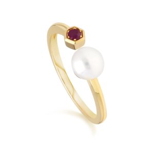Gemondo - Modern pearl & ruby open ring in 9ct yellow gold