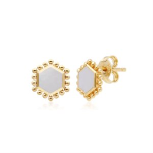 Gemondo - Mother of pearl flat slice hex stud earrings in gold plated sterling silver