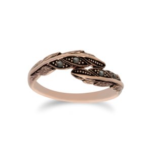 Rose Gold Plated Round Marcasite Feather Wrap Ring in 925 Sterling Silver