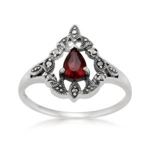 Victorian Style Pear Garnet & Marcasite  Statement Ring in 925 Sterling Silver